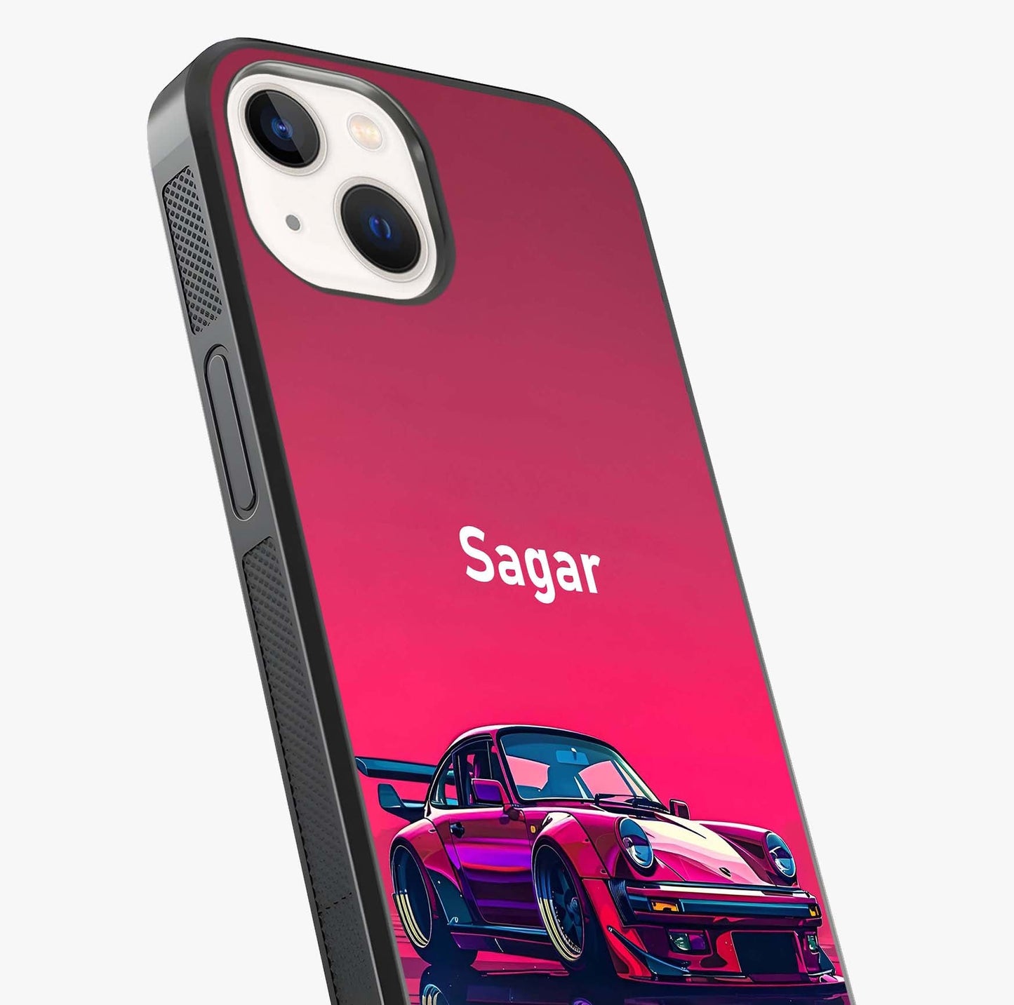 Neon Pink Porsche Glass Case captured at a warm angle highlighting gloss, texture and premium glass finish.