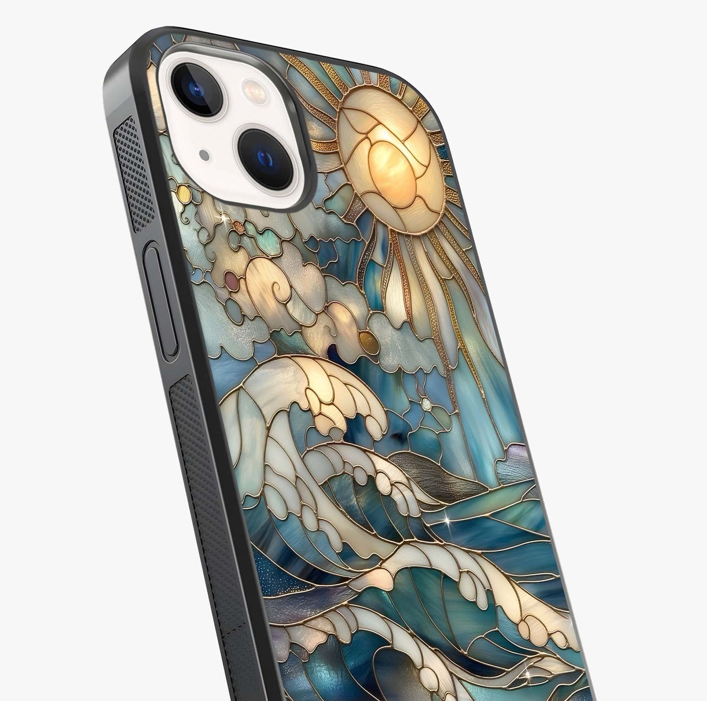 Oceanic Stained Printed Glass Case captured at a warm angle highlighting gloss, texture and premium glass finish.