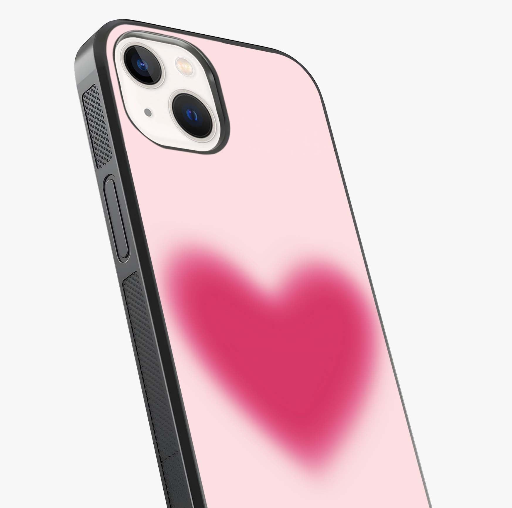 Pink Aura Heart Glass Case captured at a warm angle highlighting gloss, texture and premium glass finish.