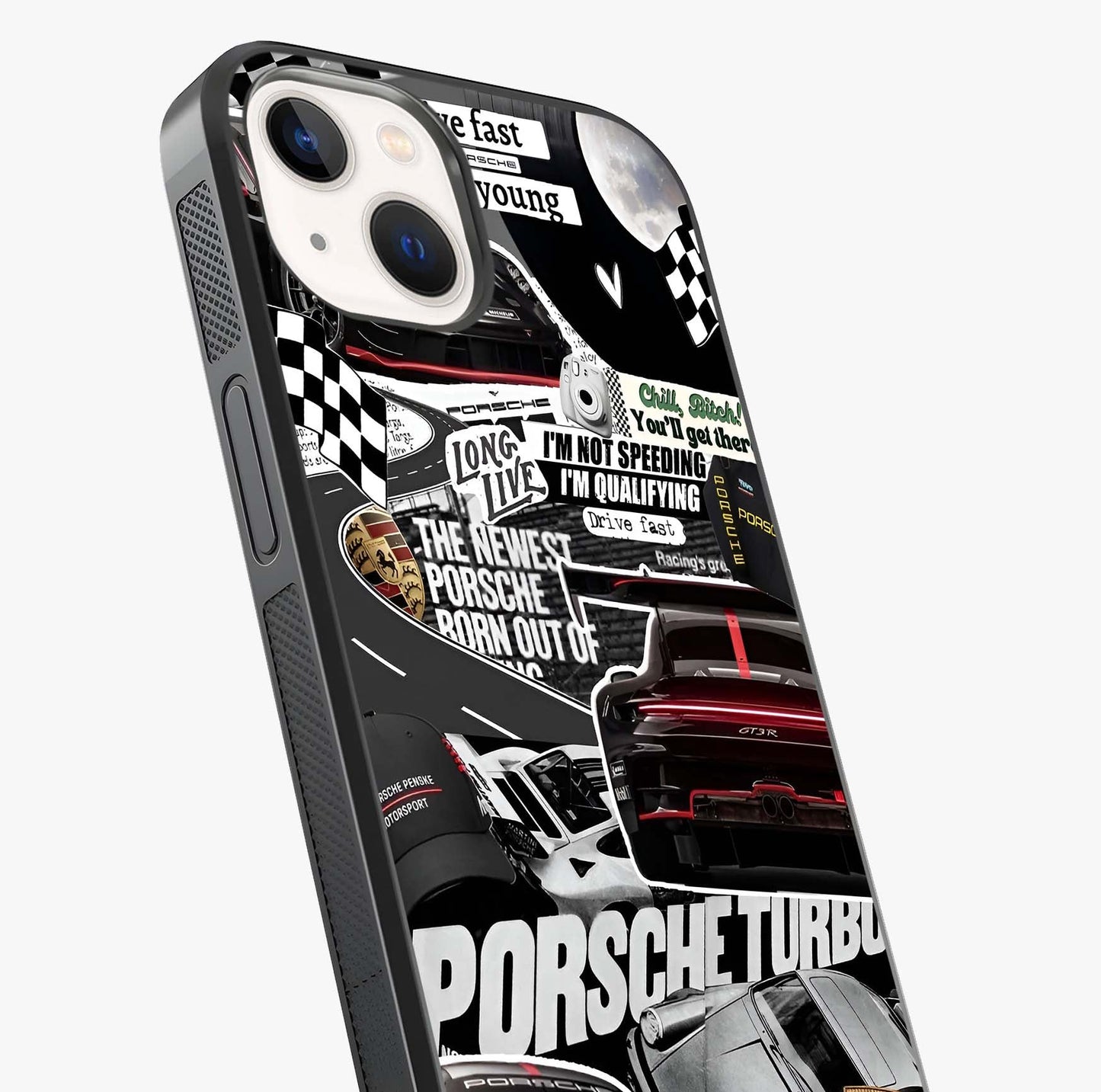 Porsche Racing Collage Glass Case captured at a warm angle highlighting gloss, texture and premium glass finish.