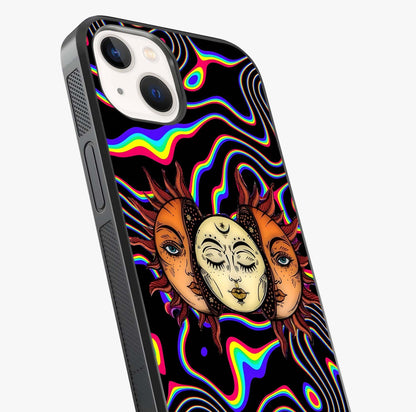 Psychedelic Sun Glass Case captured at a warm angle highlighting gloss, texture and premium glass finish.