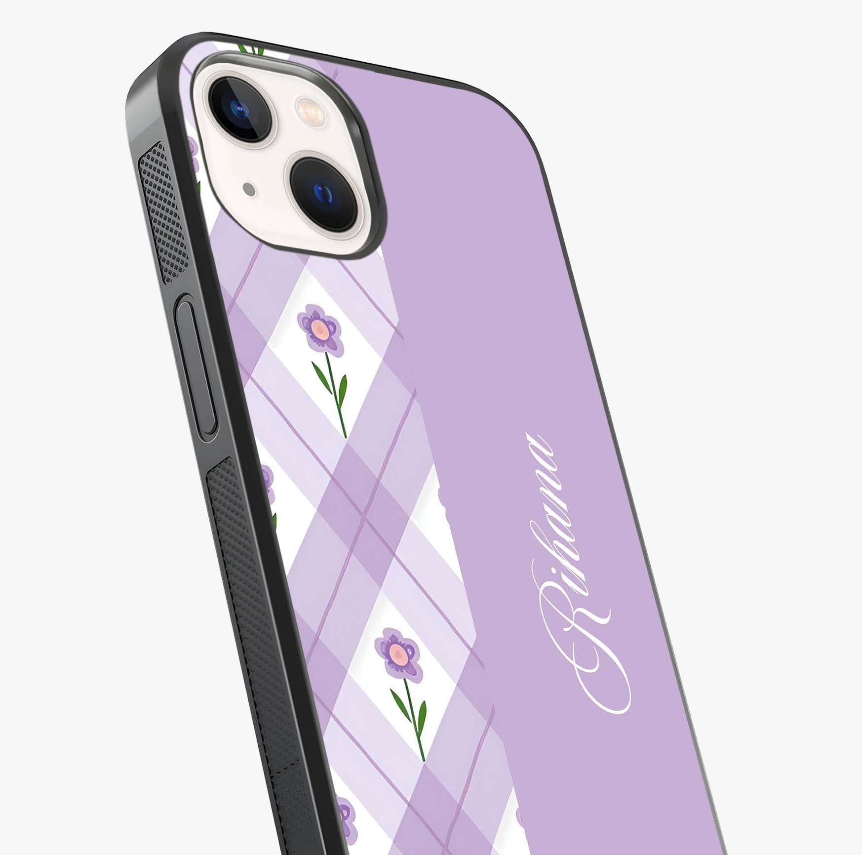 Purple Diamond Floral Glass Case captured at a warm angle highlighting gloss, texture and premium glass finish.