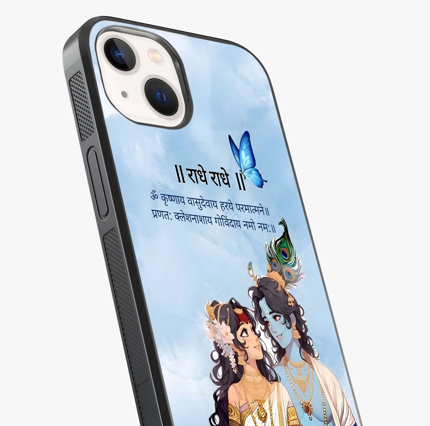 Radha Krishna Eternal Glass Case captured at a warm angle highlighting gloss, texture and premium glass finish.