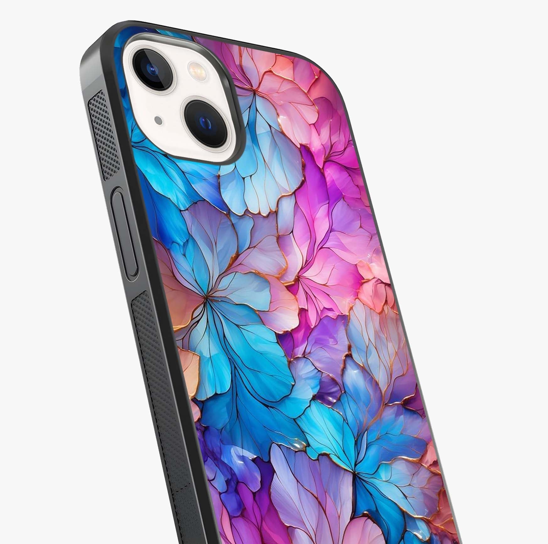 Radiant Floral Whirl Glass Case captured at a warm angle highlighting gloss, texture and premium glass finish.