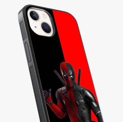 Red & Black Deadpool Theme Glass Case captured at a warm angle highlighting gloss, texture and premium glass finish.