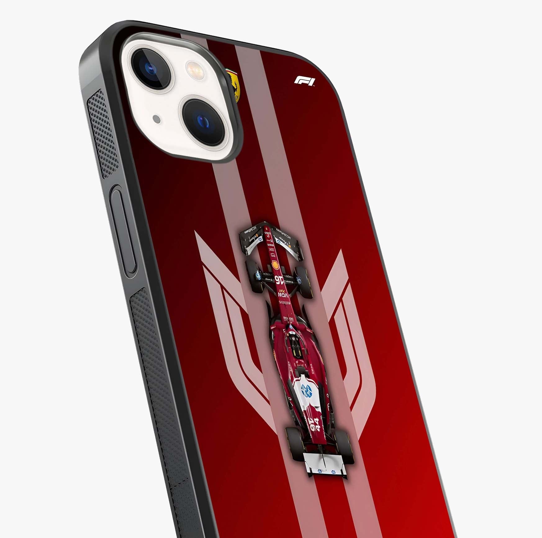 Red Ferrari F1 Vertical Glass Case captured at a warm angle highlighting gloss, texture and premium glass finish.