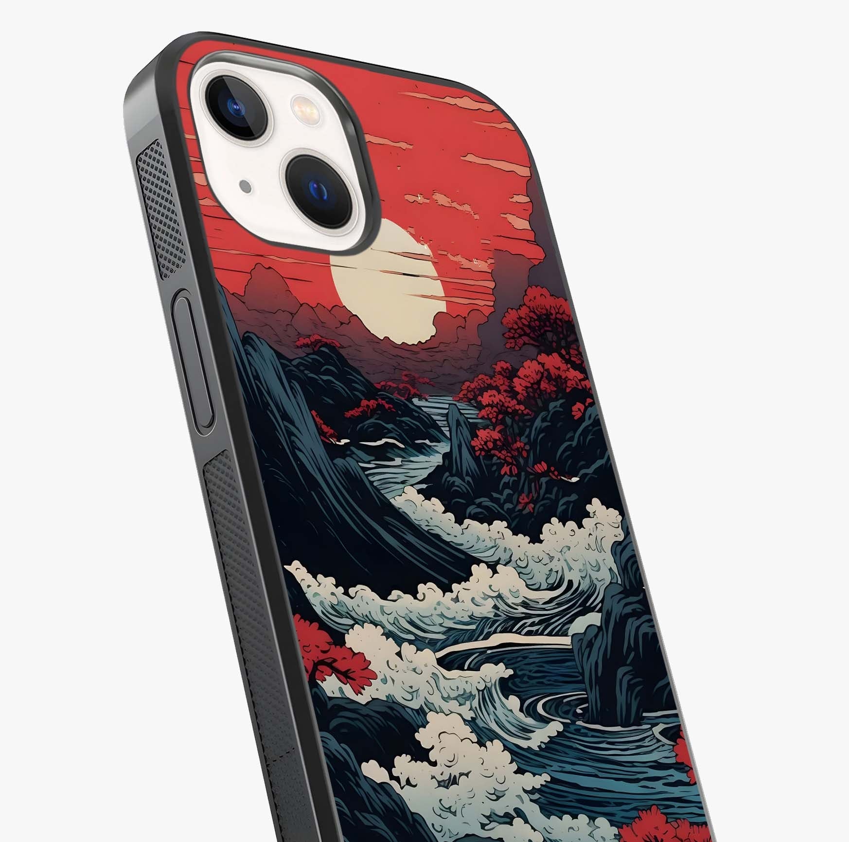 Red Sunset Scenery Glass Case captured at a warm angle highlighting gloss, texture and premium glass finish.