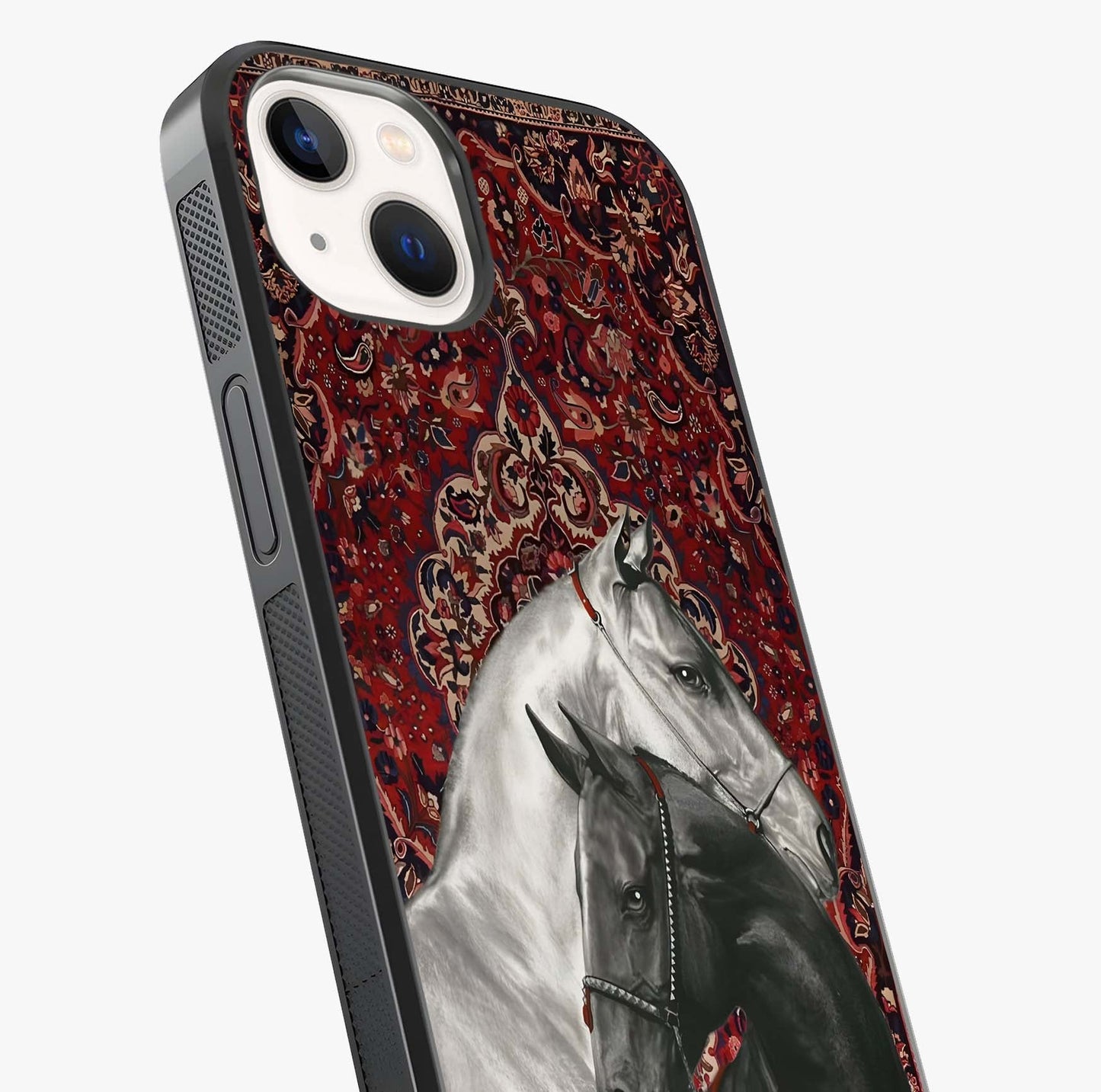 Regal Stallion Tapestry Glass Case captured at a warm angle highlighting gloss, texture and premium glass finish.
