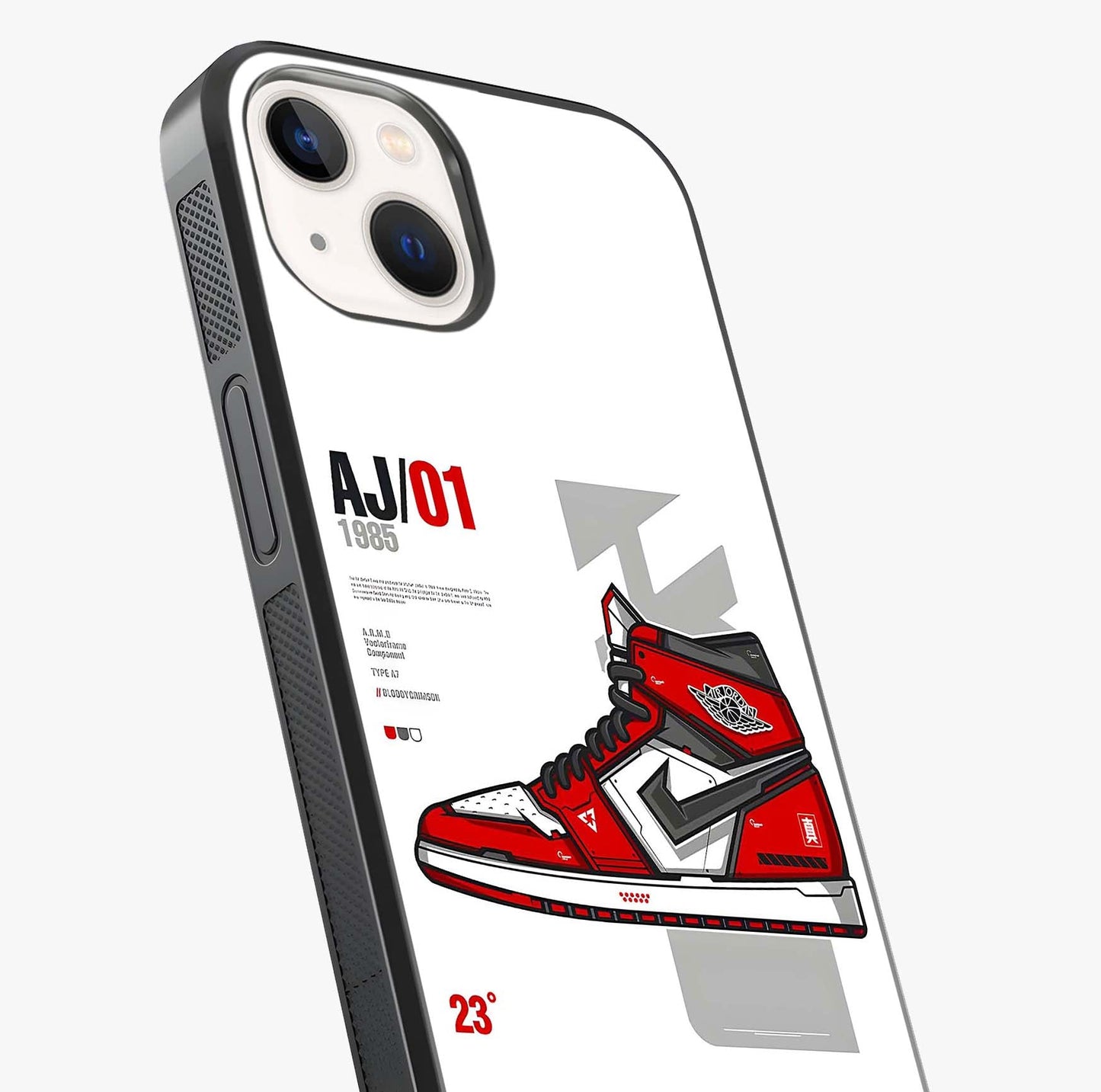 Retro Sneaker Blueprint Glass Case captured at a warm angle highlighting gloss, texture and premium glass finish.