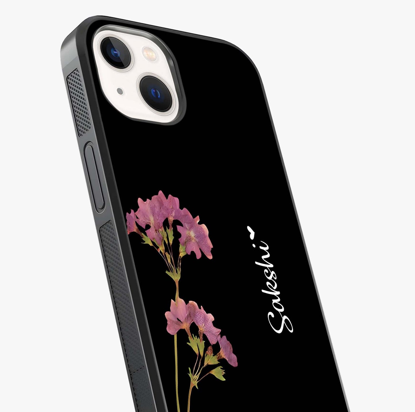 Riching Lavender Flower Custom Name Glass Case captured at a warm angle highlighting gloss, texture and premium glass finish.