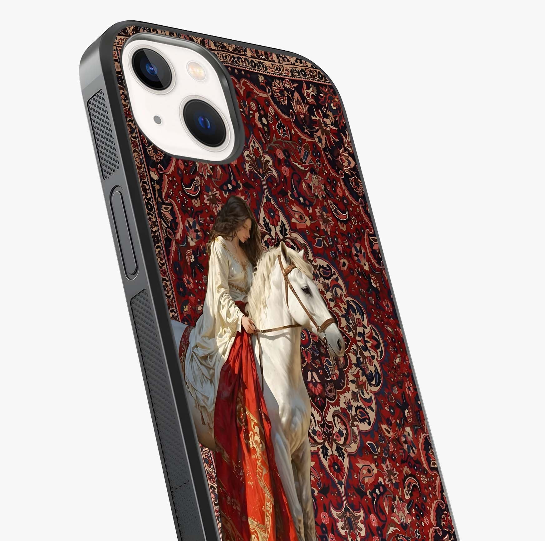 Royal Rider Tapestry Glass Case captured at a warm angle highlighting gloss, texture and premium glass finish.