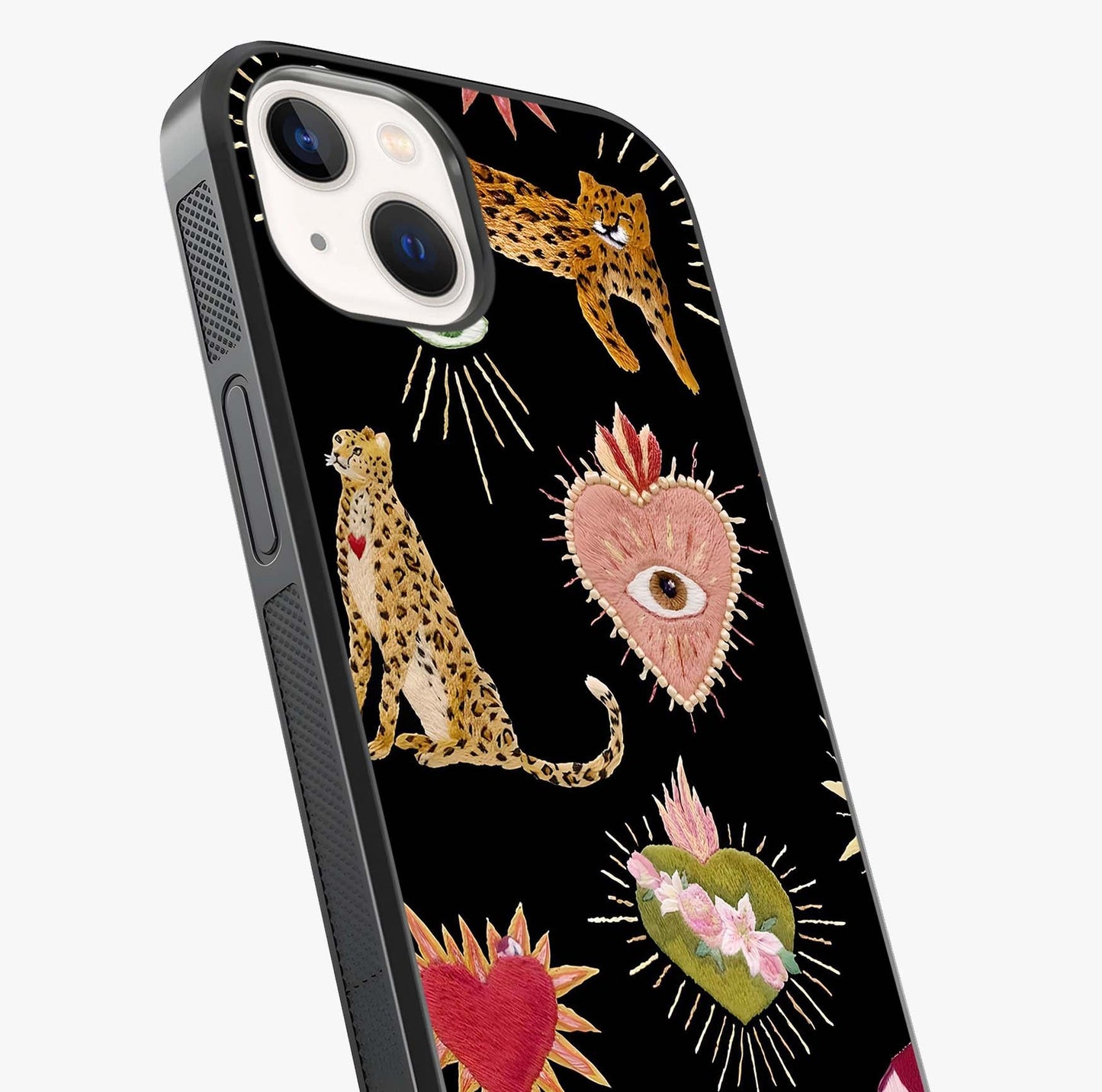 Sacred Jungle Heart Glass Case captured at a warm angle highlighting gloss, texture and premium glass finish.