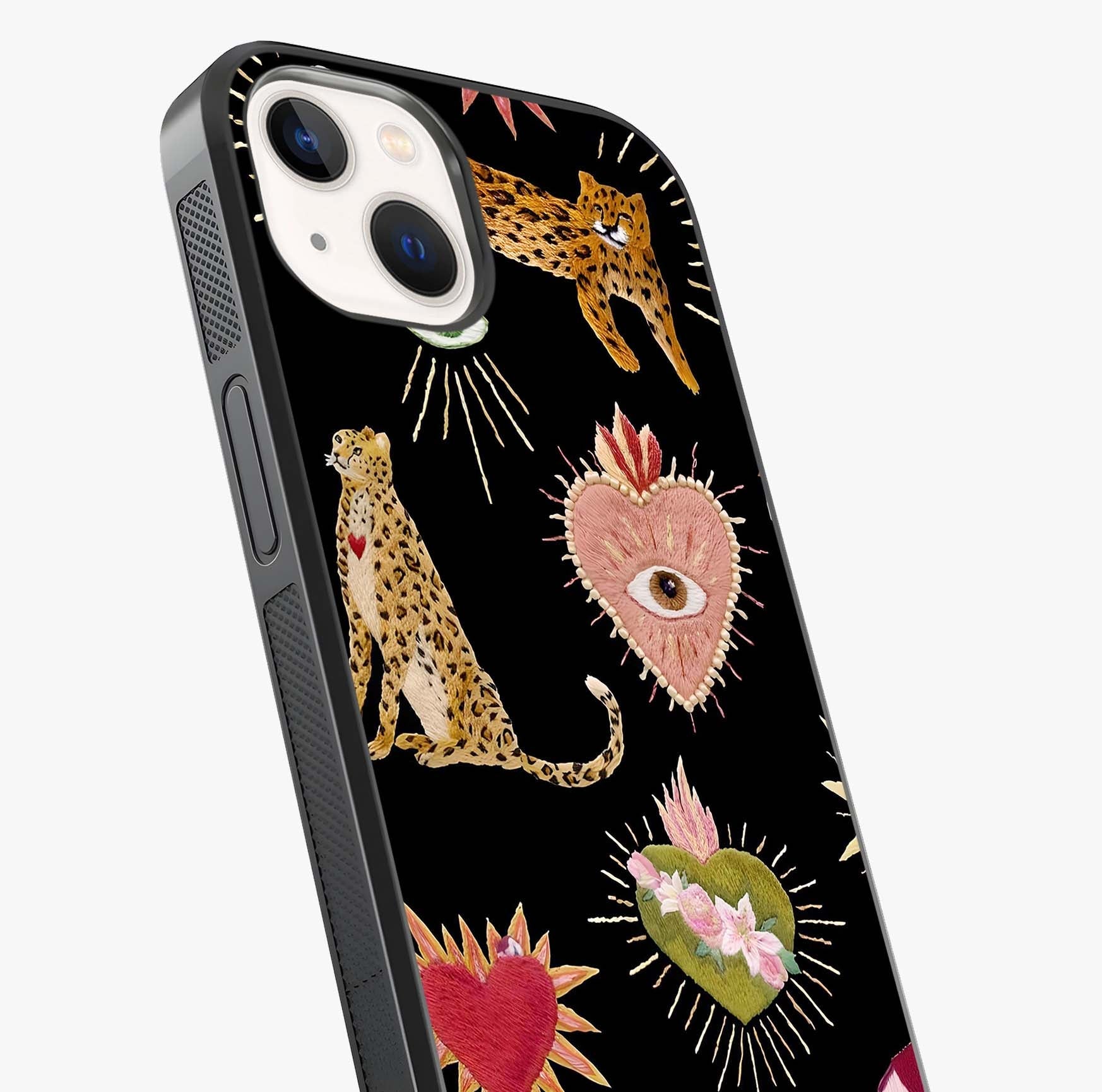 Sacred Jungle Heart Glass Case captured at a warm angle highlighting gloss, texture and premium glass finish.