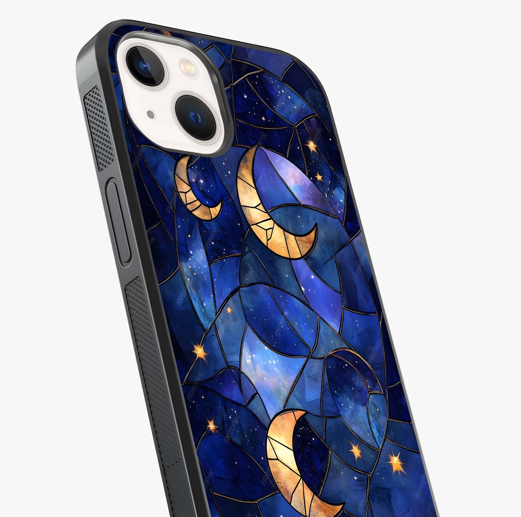 Starlit Sky Tapestry Glass Case captured at a warm angle highlighting gloss, texture and premium glass finish.