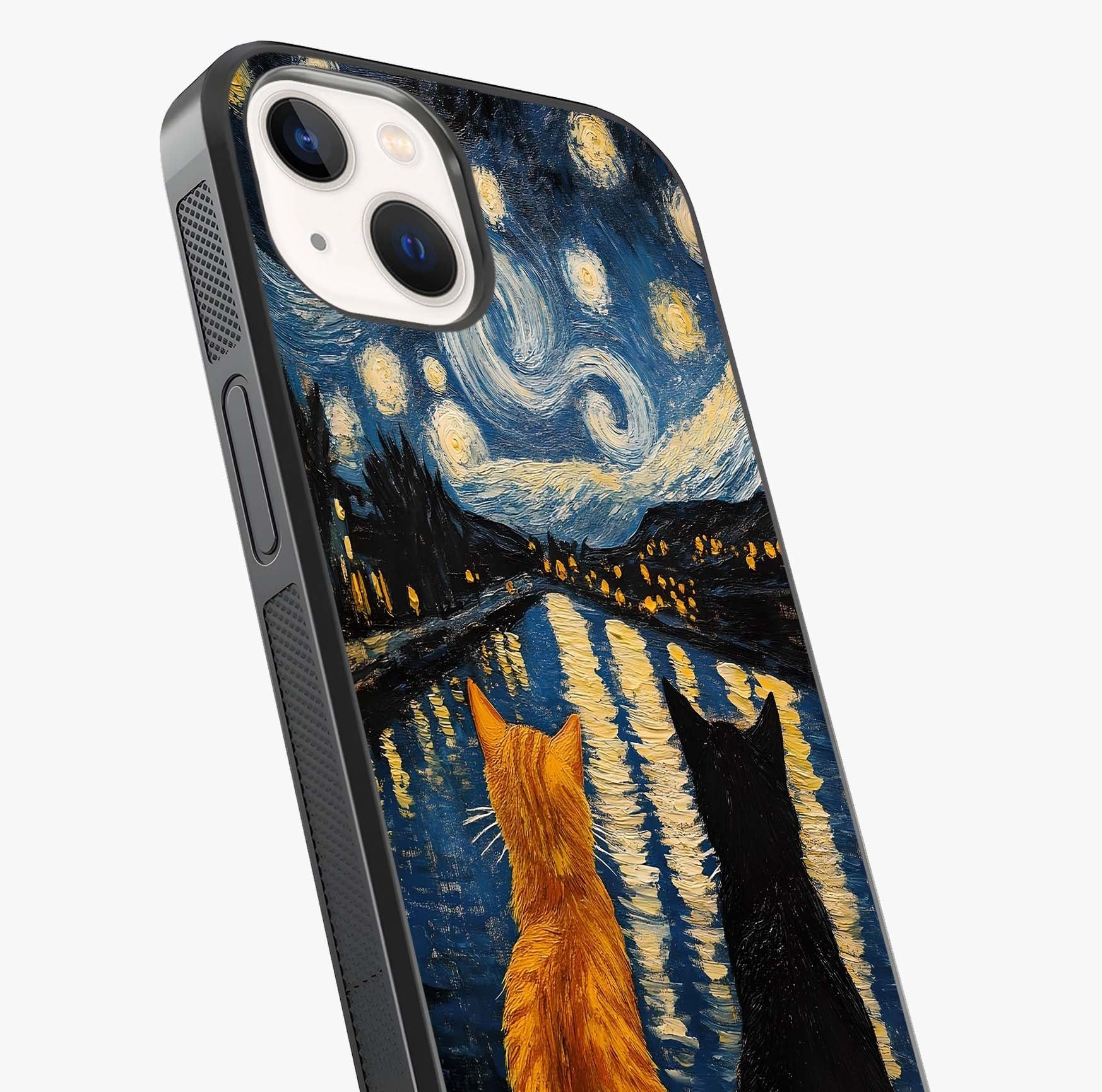 Starry River Cats Glass Case captured at a warm angle highlighting gloss, texture and premium glass finish.