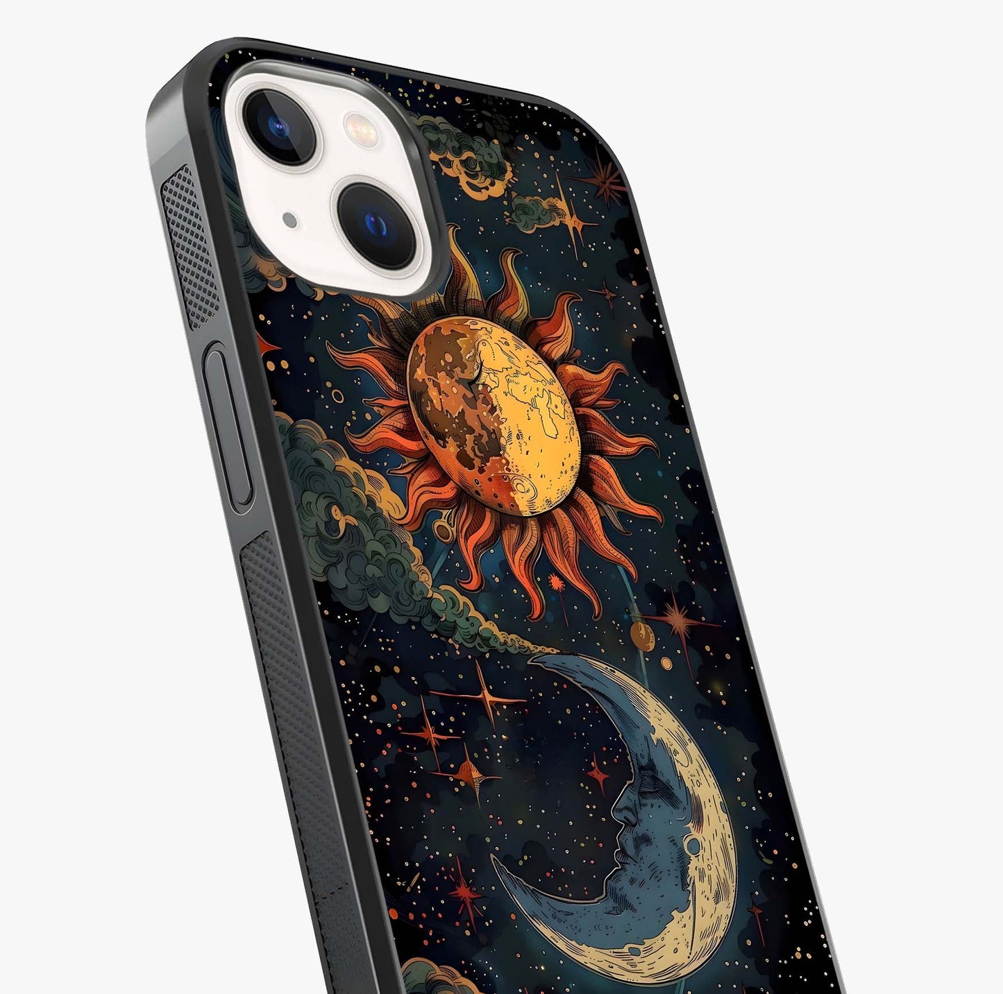 Sun And Moon Magic Design Glass Case captured at a warm angle highlighting gloss, texture and premium glass finish.