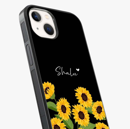 Sunflower Chic Mood Custom Name Glass Case captured at a warm angle highlighting gloss, texture and premium glass finish.