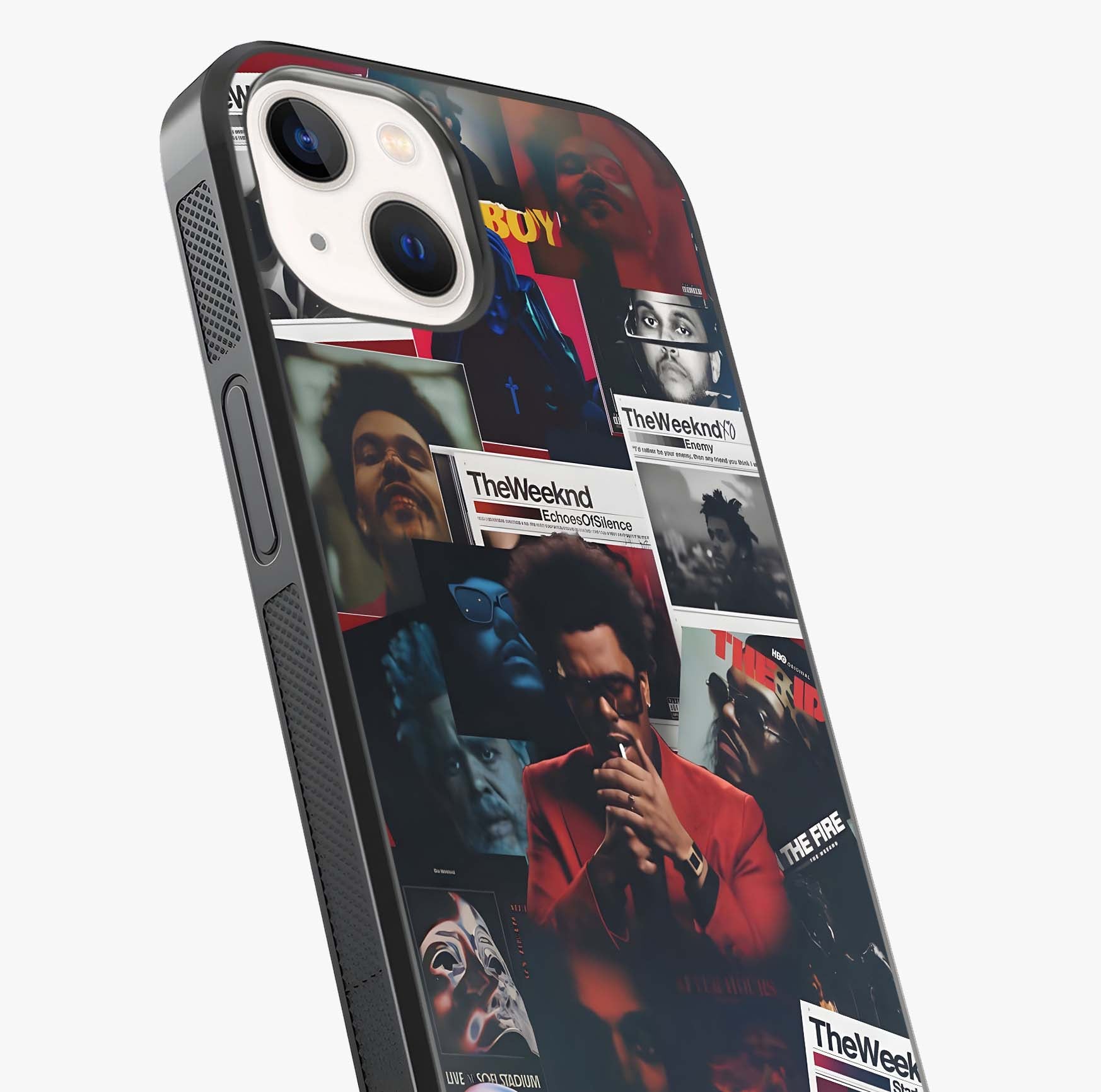 The Weeknd Glass Case captured at a warm angle highlighting gloss, texture and premium glass finish.