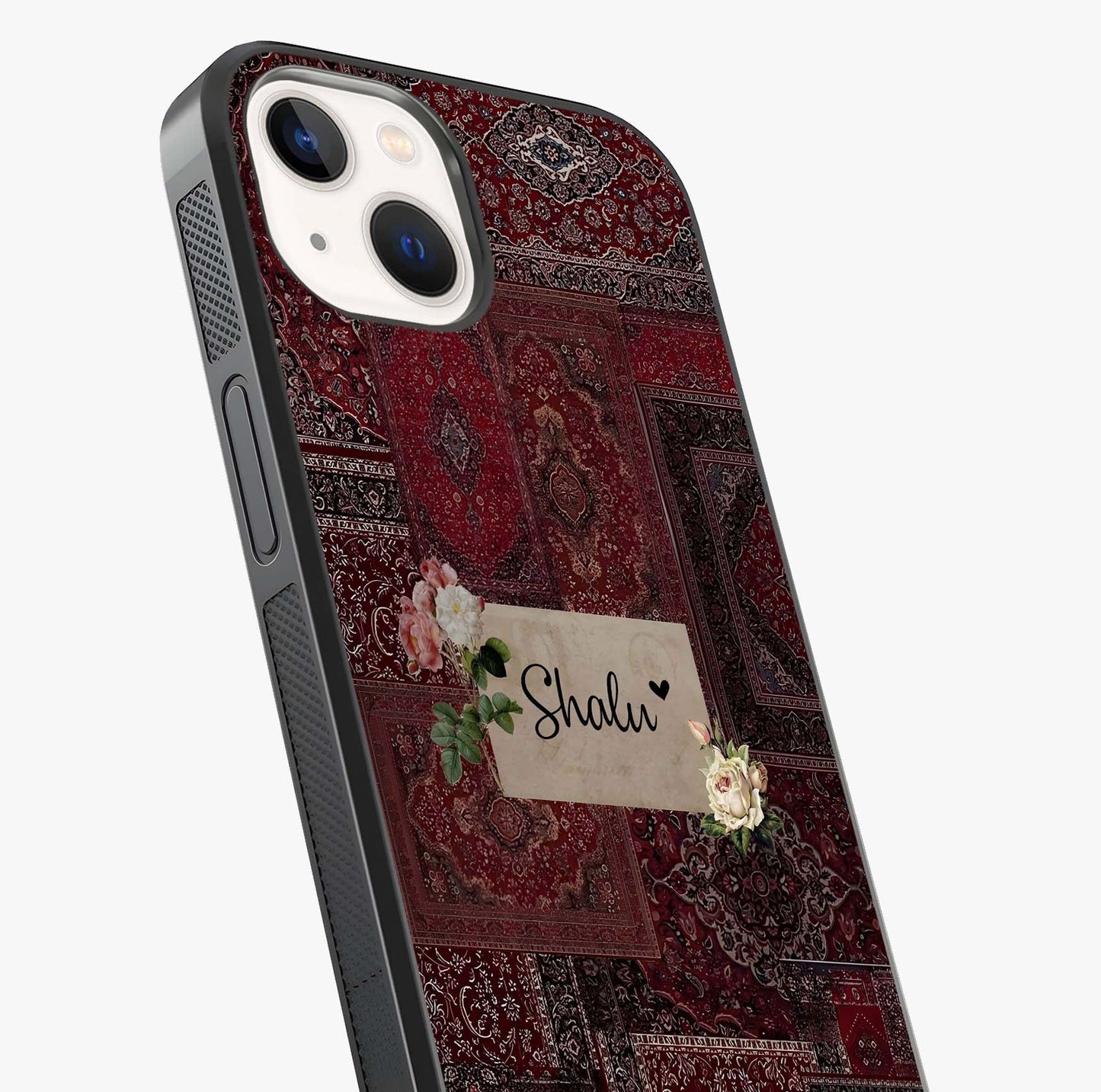 Velvet Wine Pattern Custom Name Glass Case captured at a warm angle highlighting gloss, texture and premium glass finish.