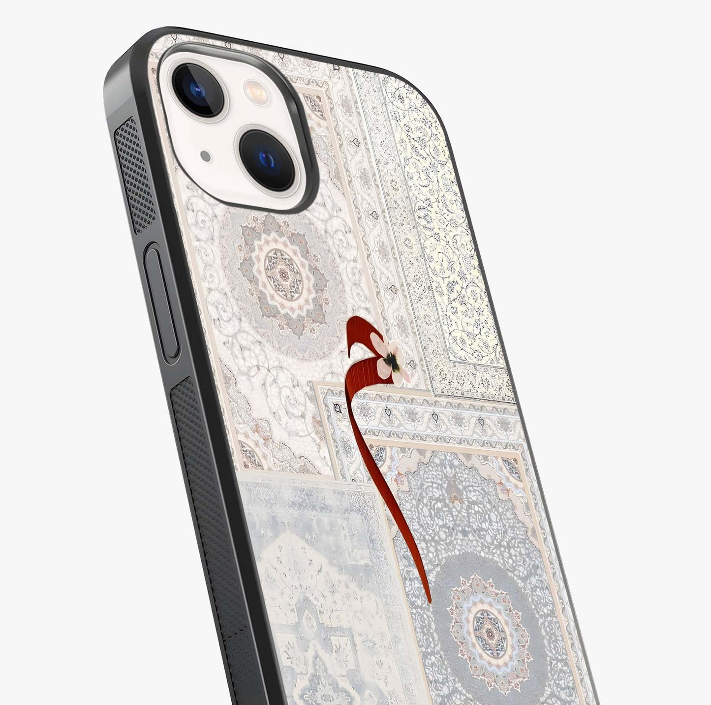 White Aesthetic Bow Glass Case captured at a warm angle highlighting gloss, texture and premium glass finish.
