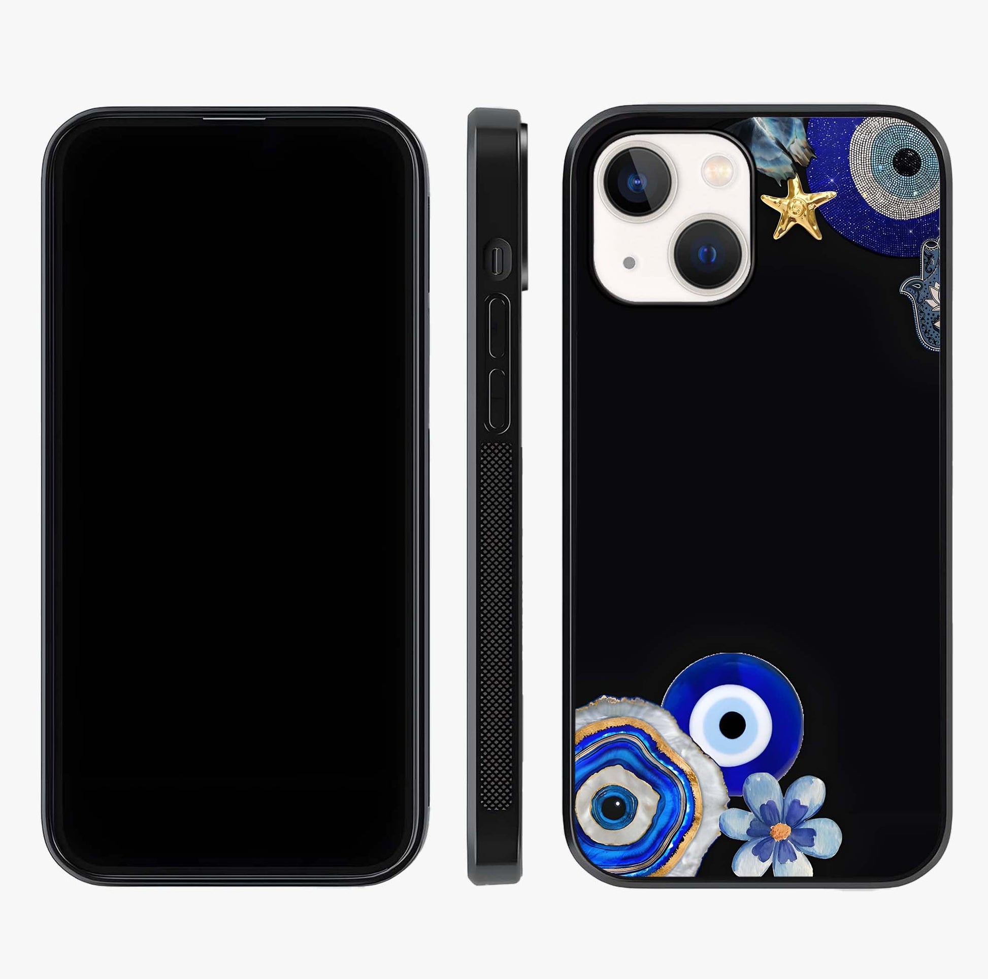 Aesthetic Blue Evil Eye Glass Case displayed upright for full design visibility and premium finish.
