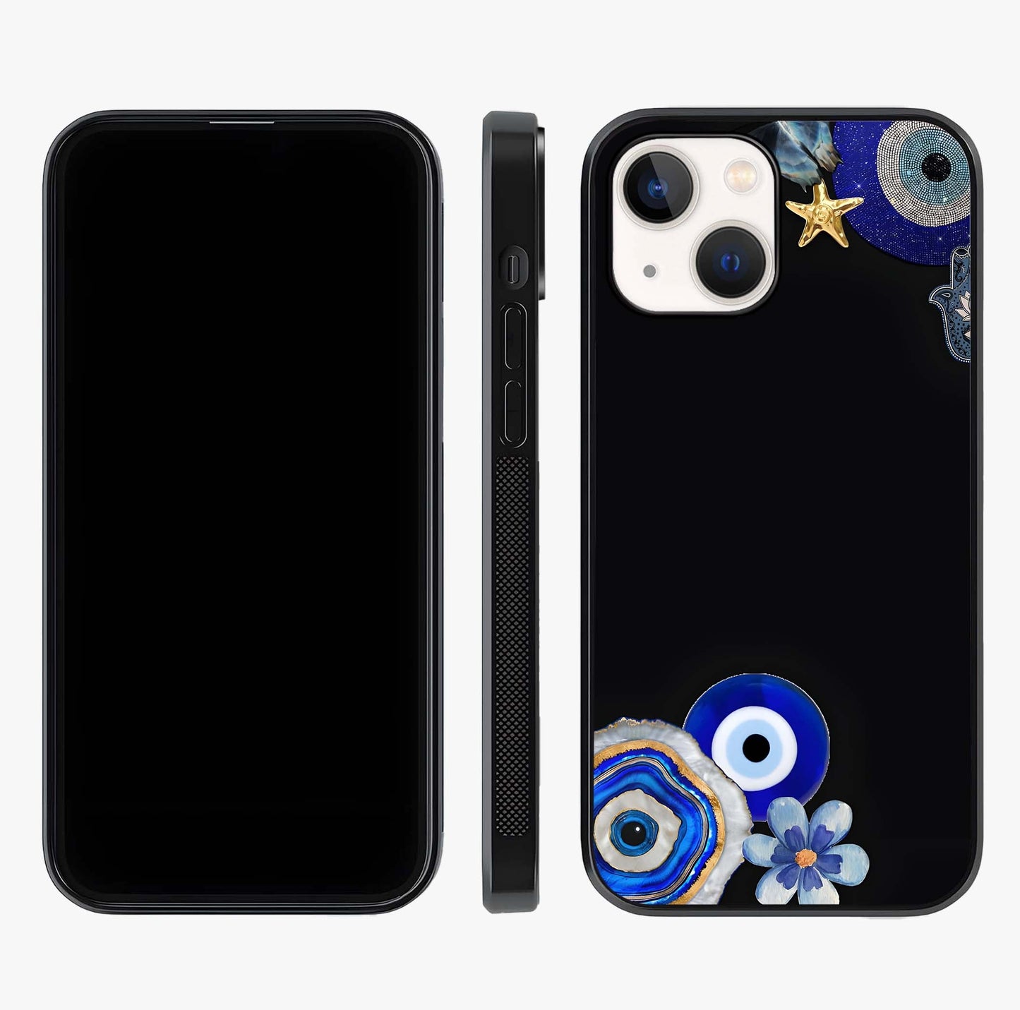 Aesthetic Blue Evil Eye Glass Case displayed upright for full design visibility and premium finish.