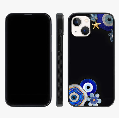 Aesthetic Blue Evil Eye Glass Case displayed upright for full design visibility and premium finish.