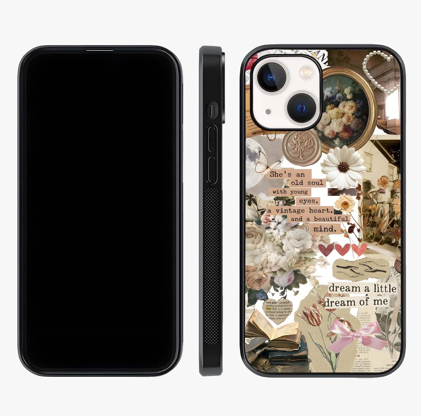 Aesthetic Brown Vintage Collage Glass Case displayed upright for full design visibility and premium finish.