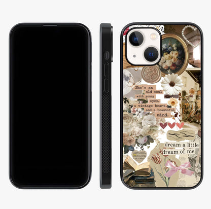 Aesthetic Brown Vintage Collage Glass Case displayed upright for full design visibility and premium finish.