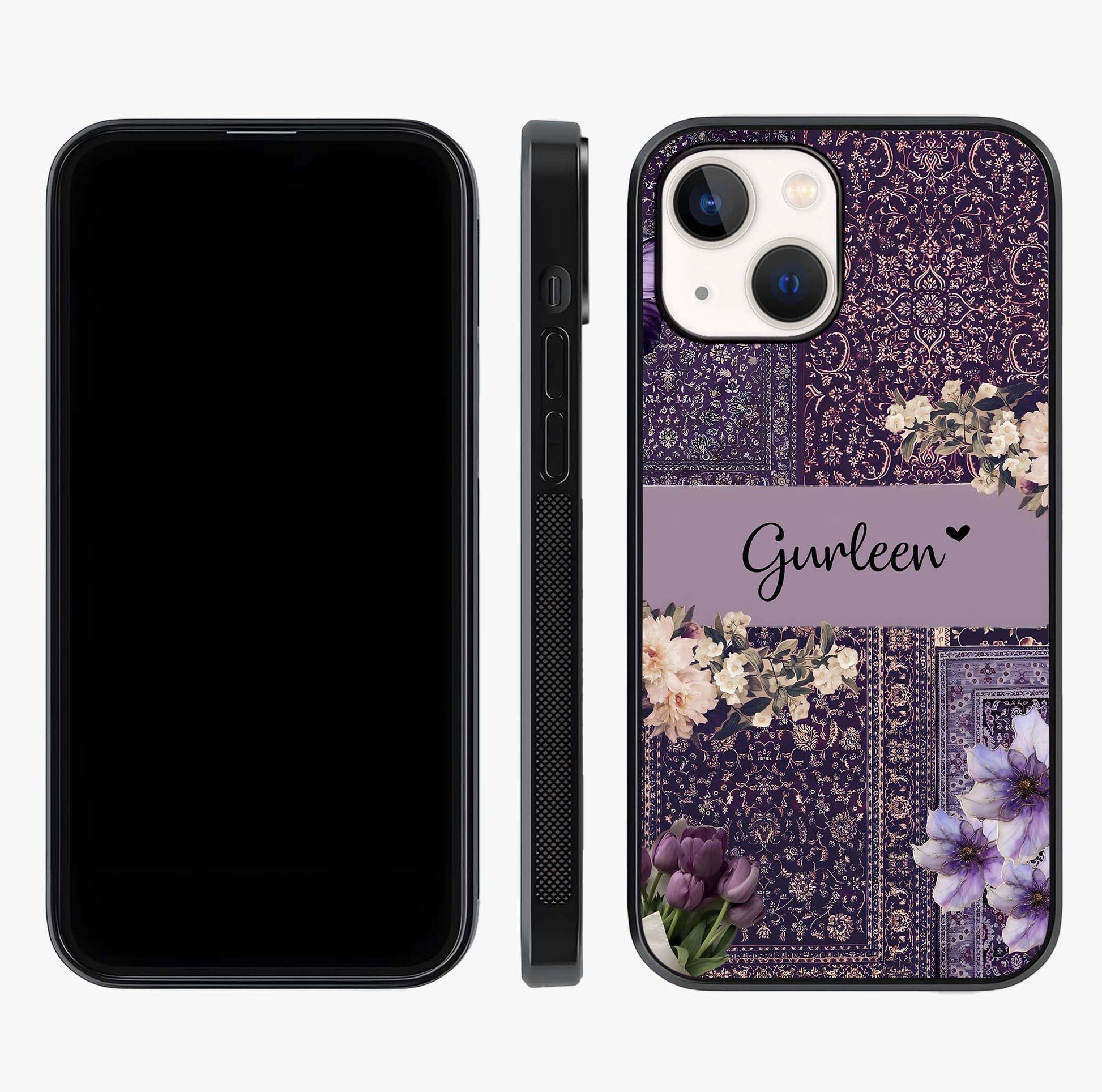 Antique Floral Whisper Custom Name Glass Case displayed upright for full design visibility and premium finish.