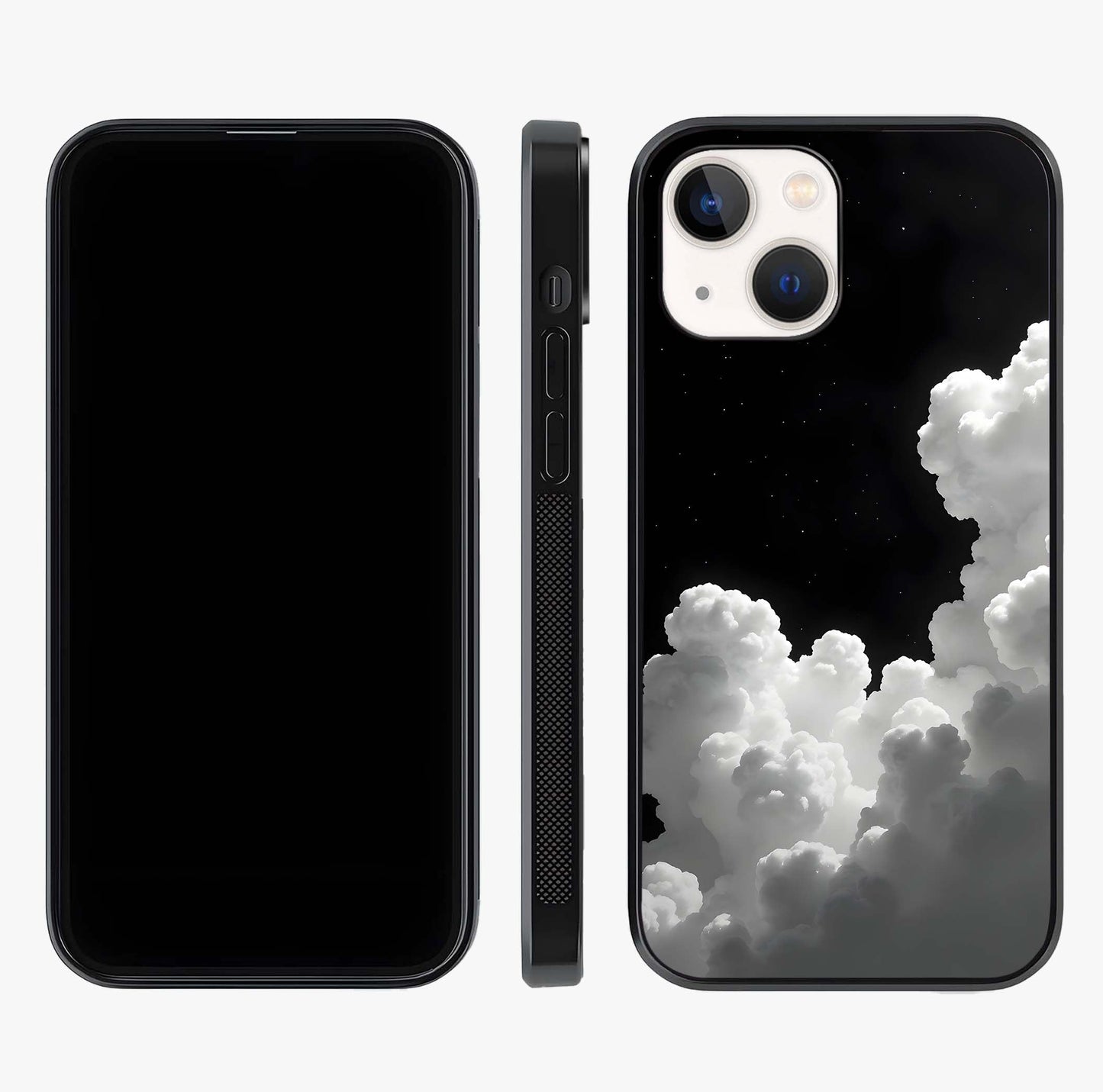 Black Background With White Cloud Glass Case displayed upright for full design visibility and premium finish.