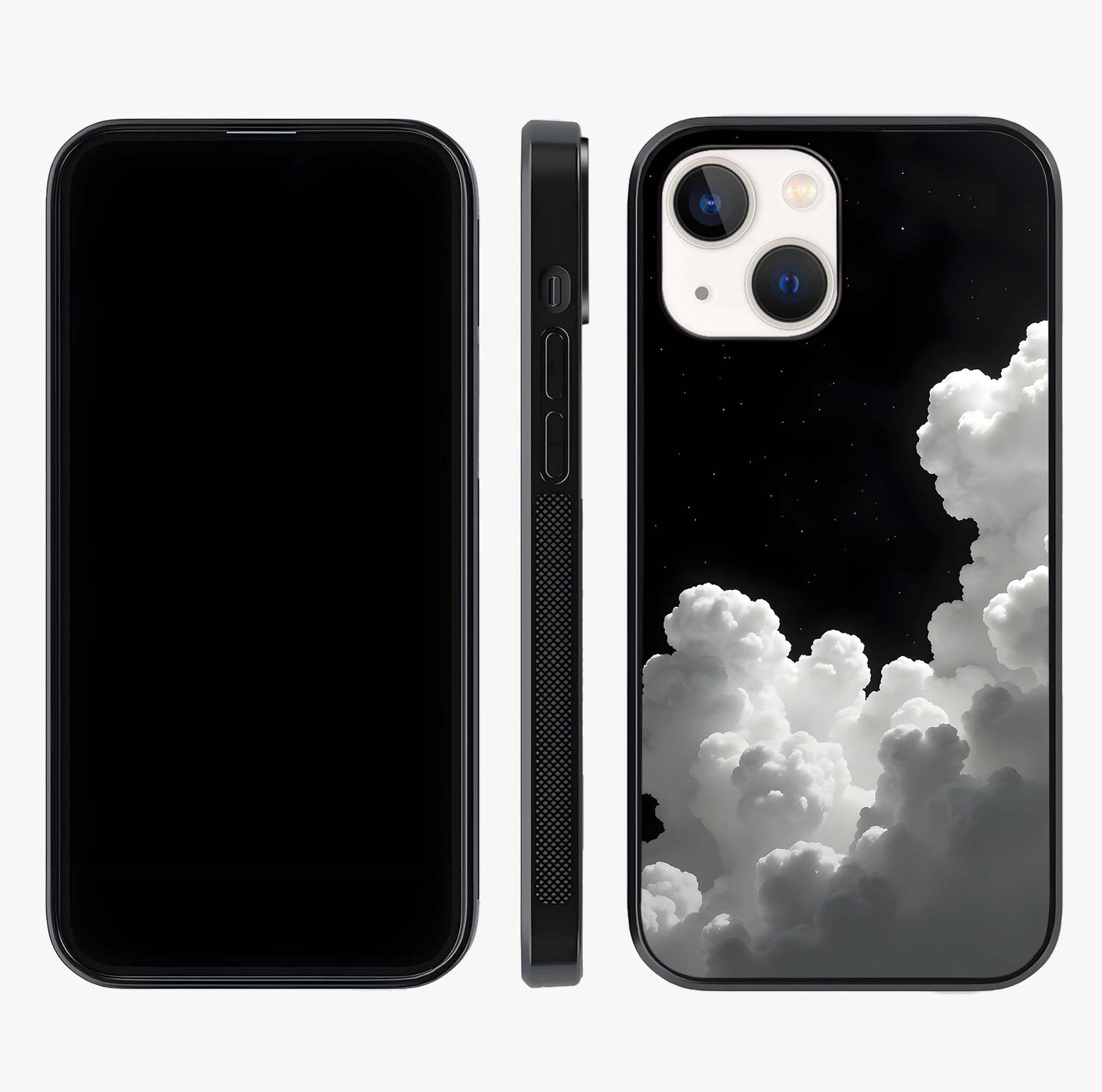 Black Background With White Cloud Glass Case displayed upright for full design visibility and premium finish.
