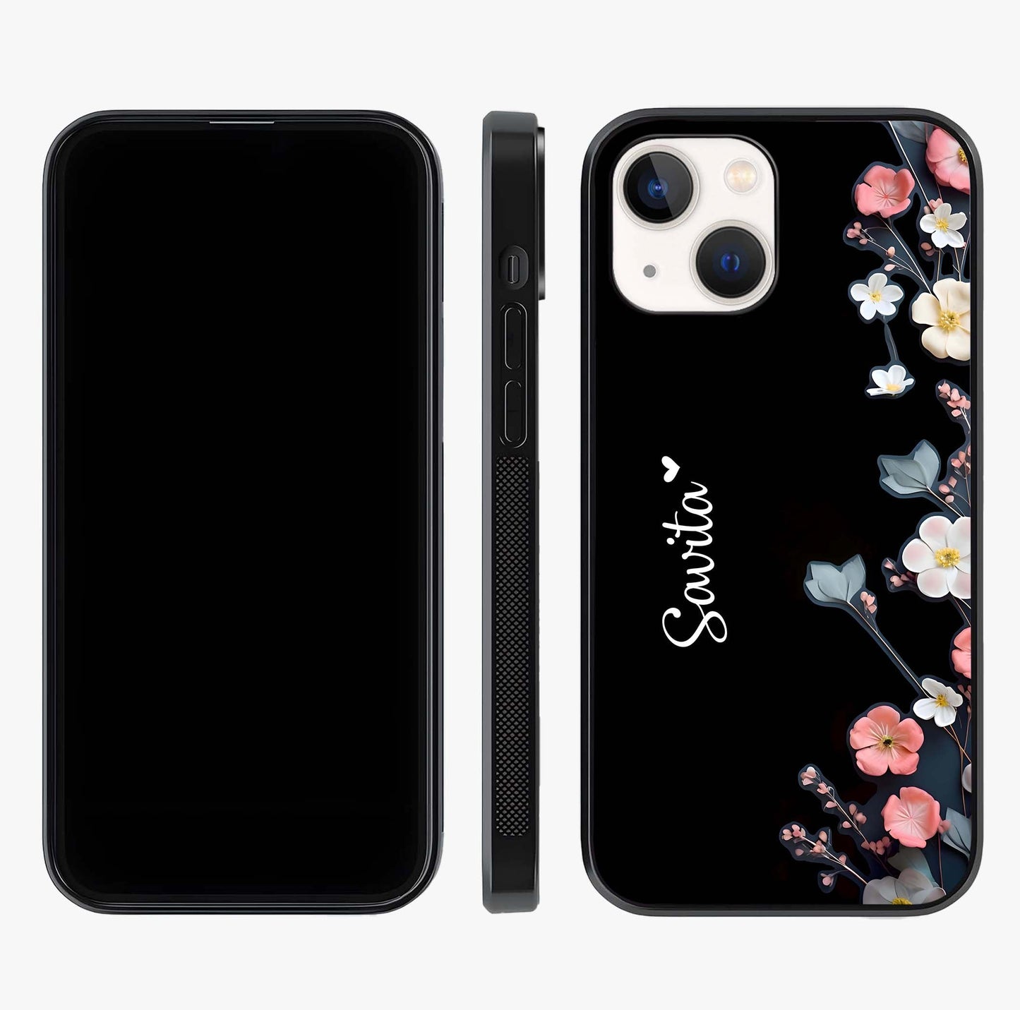 Black Elegance Floral Custom Name Glass Case displayed upright for full design visibility and premium finish.