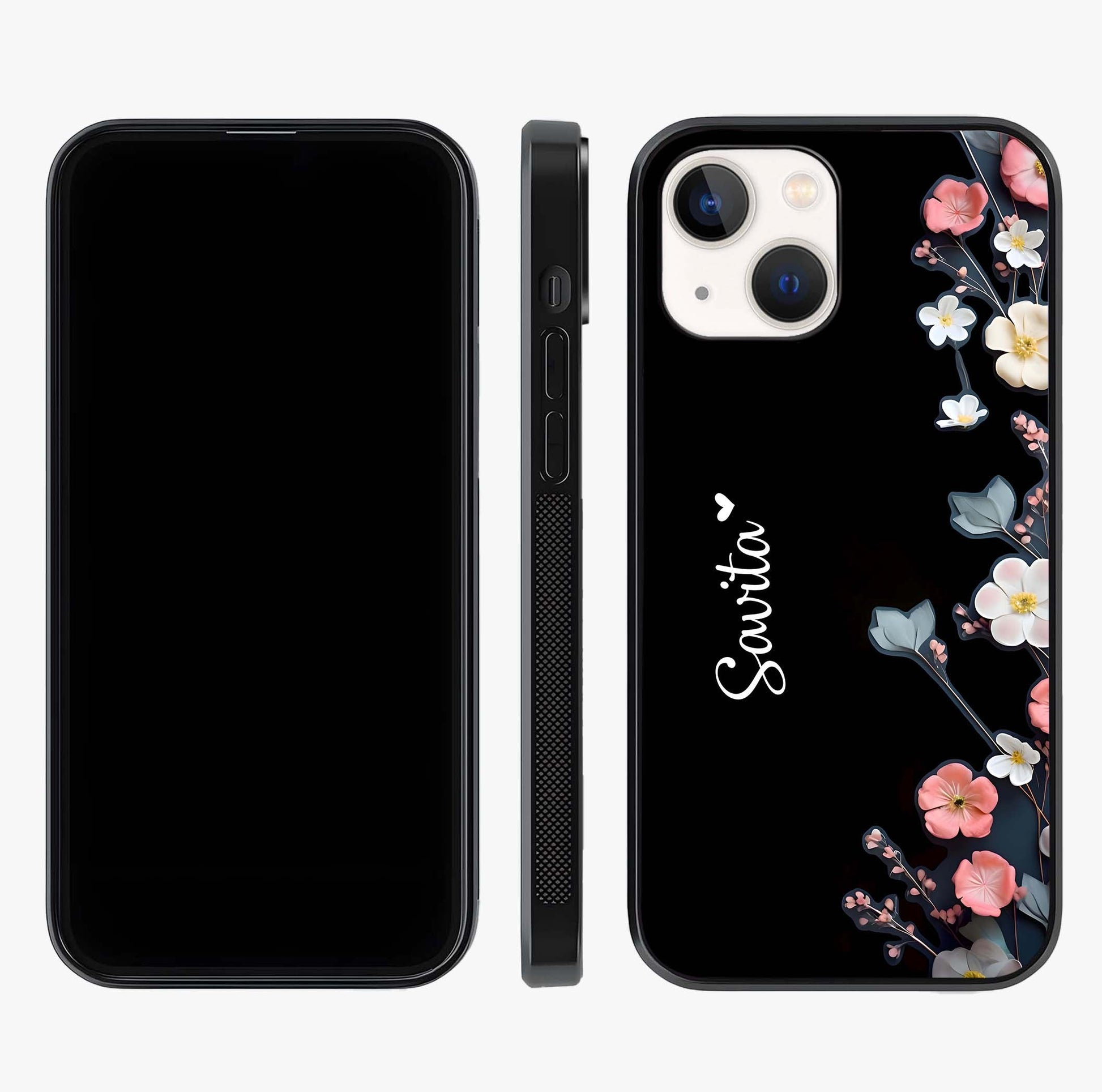 Black Elegance Floral Custom Name Glass Case displayed upright for full design visibility and premium finish.