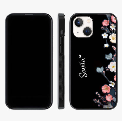 Black Elegance Floral Custom Name Glass Case displayed upright for full design visibility and premium finish.