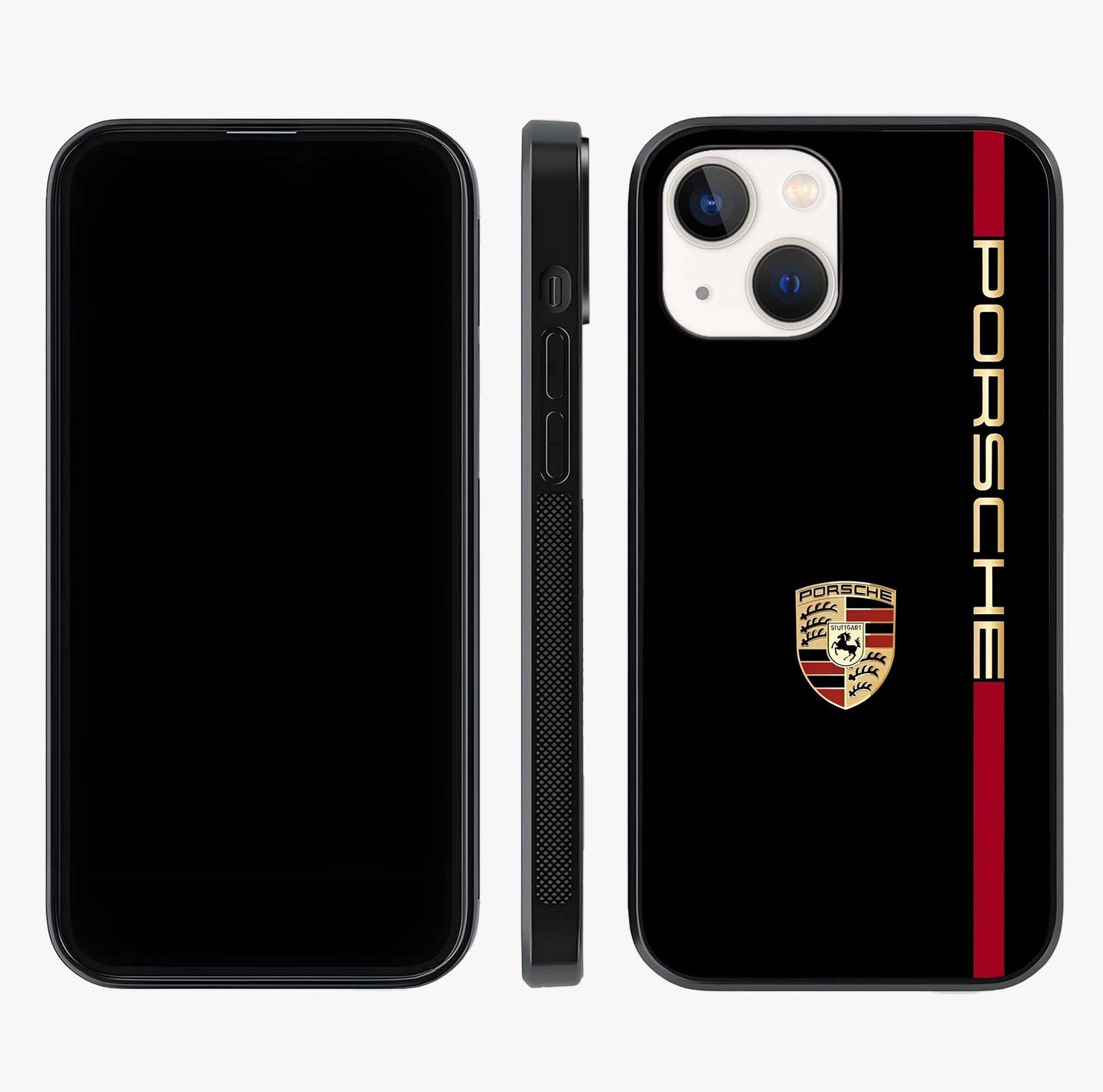Black Minimal Porsche Glass Case displayed upright for full design visibility and premium finish.