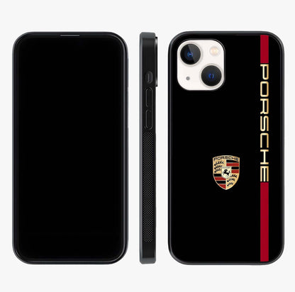 Black Minimal Porsche Glass Case displayed upright for full design visibility and premium finish.