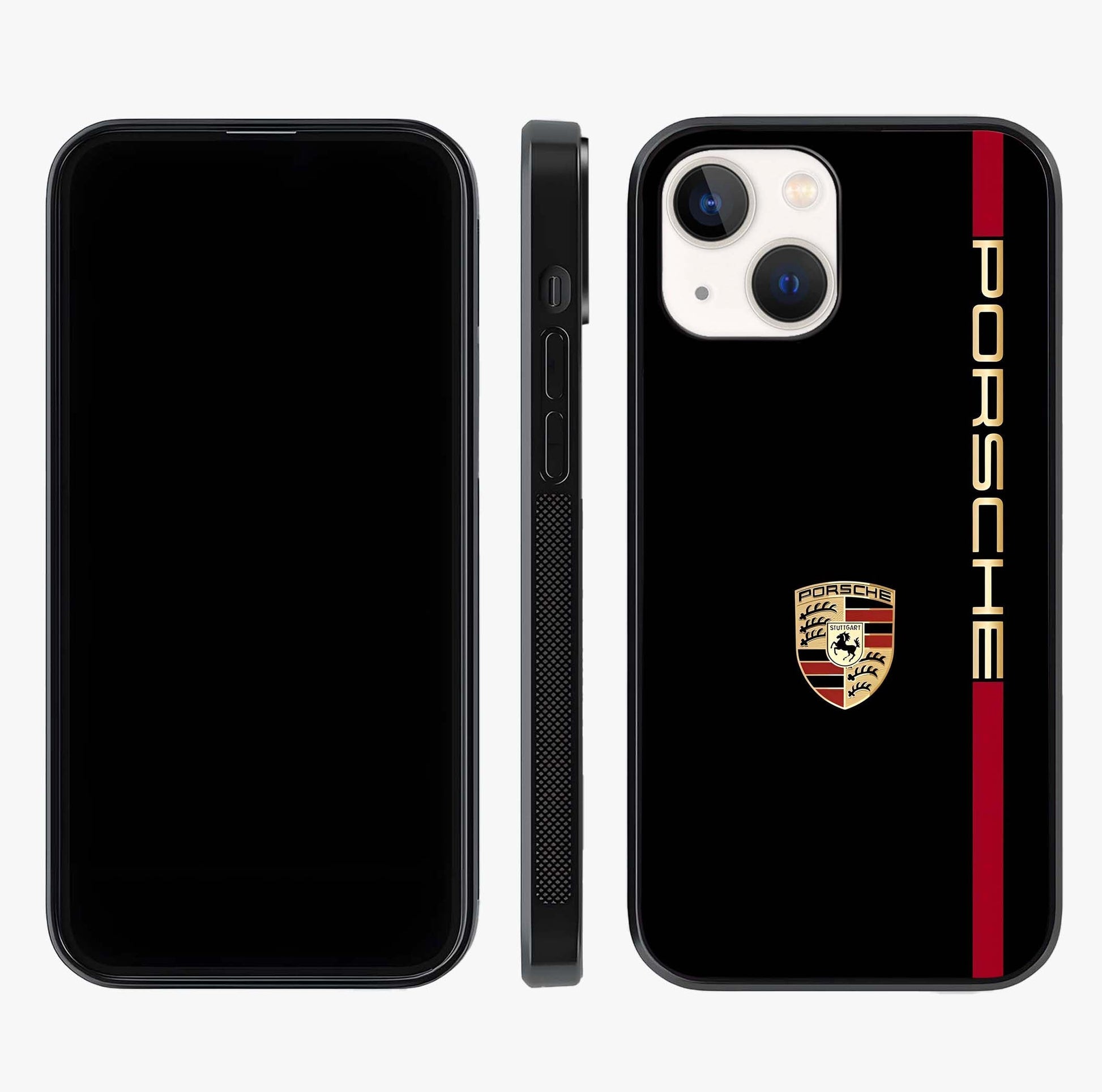 Black Minimal Porsche Glass Case displayed upright for full design visibility and premium finish.