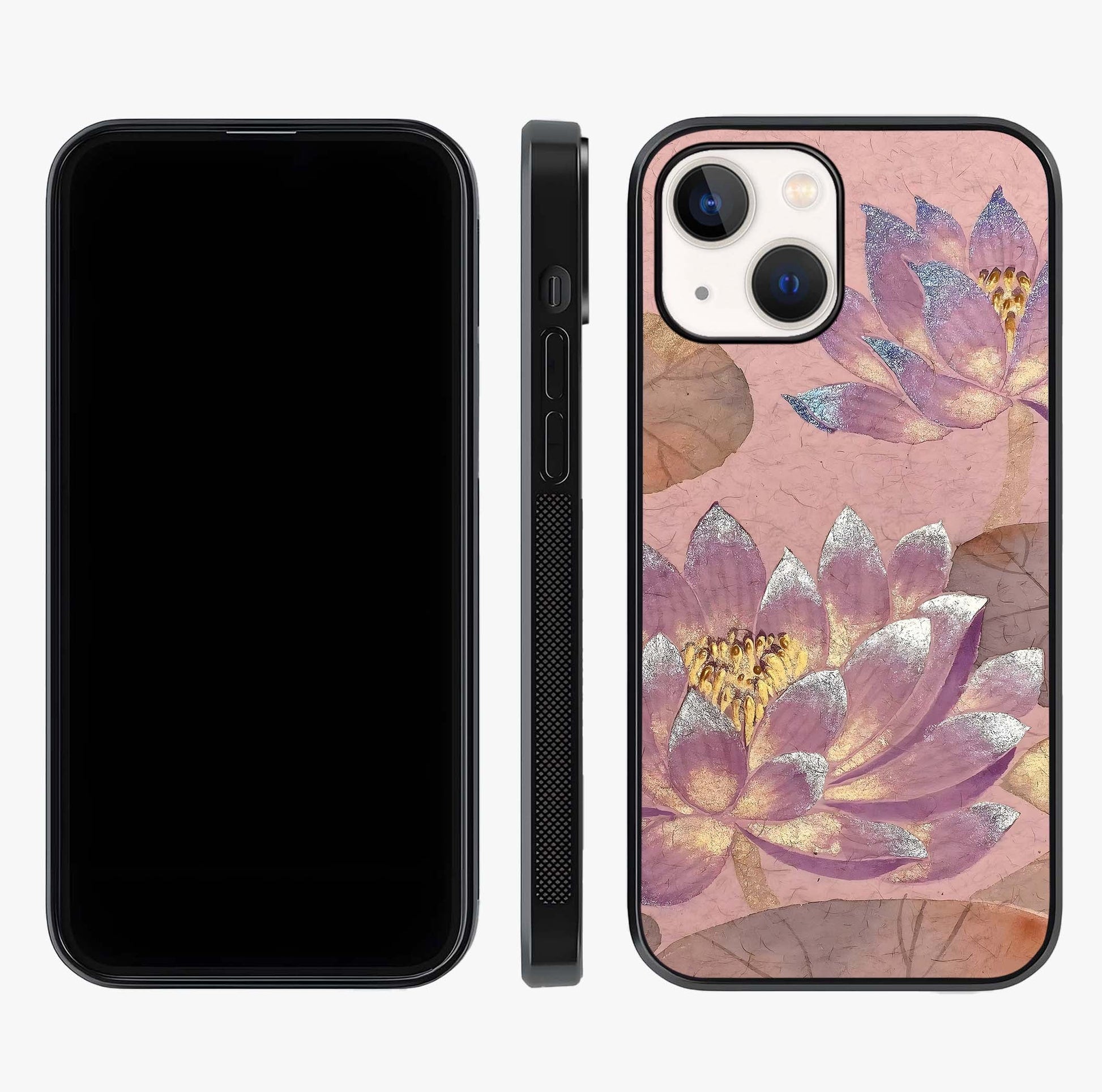 Blossom Mist Lotus Glass Case displayed upright for full design visibility and premium finish.