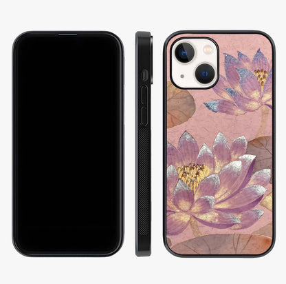 Blossom Mist Lotus Glass Case displayed upright for full design visibility and premium finish.