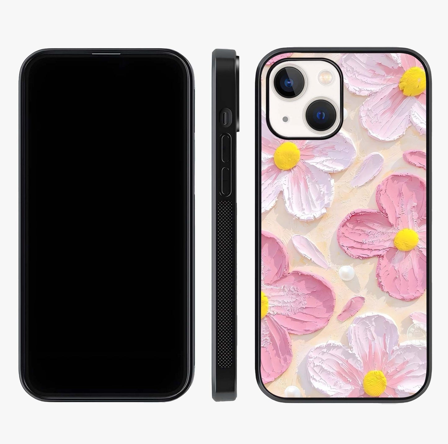Blush Bloom Texture Glass Case displayed upright for full design visibility and premium finish.