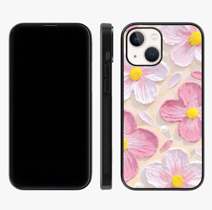 Blush Bloom Texture Glass Case displayed upright for full design visibility and premium finish.