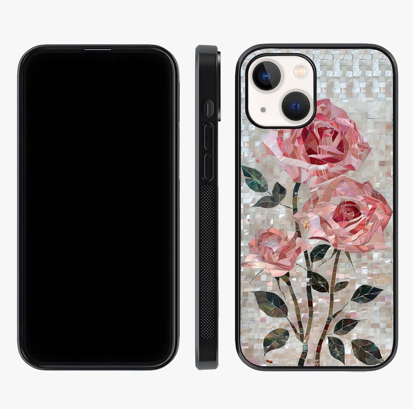 Blush Mosaic Bloom Glass Case displayed upright for full design visibility and premium finish.