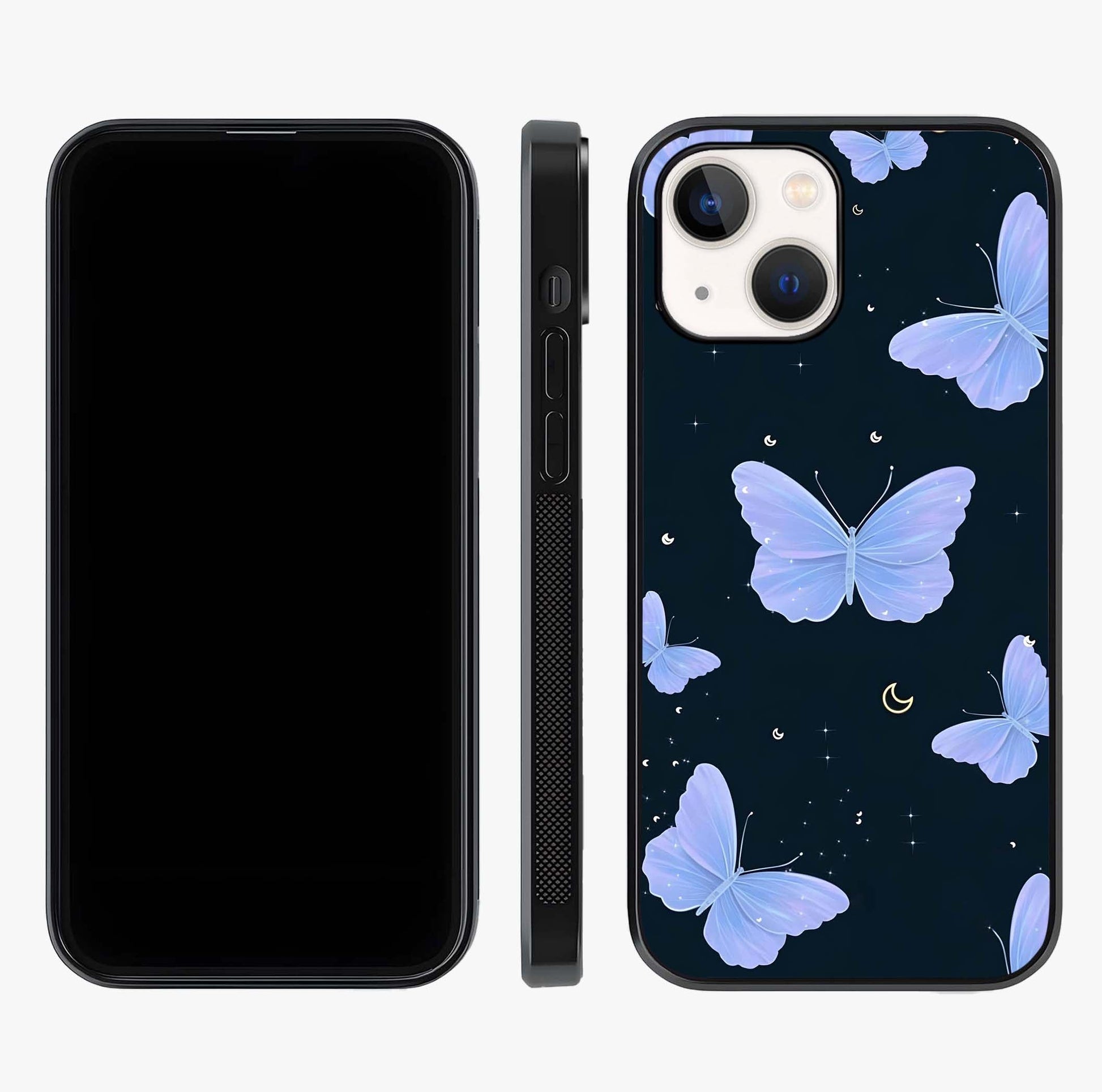 Butterfly With Stars Pattern Glass Case displayed upright for full design visibility and premium finish.