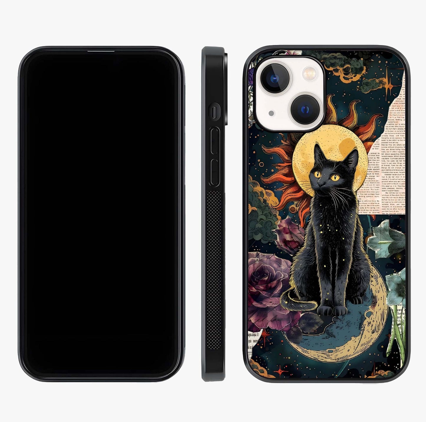 Celestial Black Cat Glass Case displayed upright for full design visibility and premium finish.
