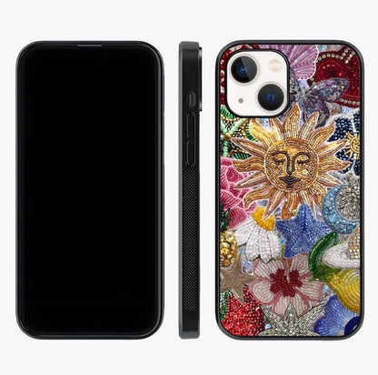 Celestial Floral And Playful Glass Case displayed upright for full design visibility and premium finish.