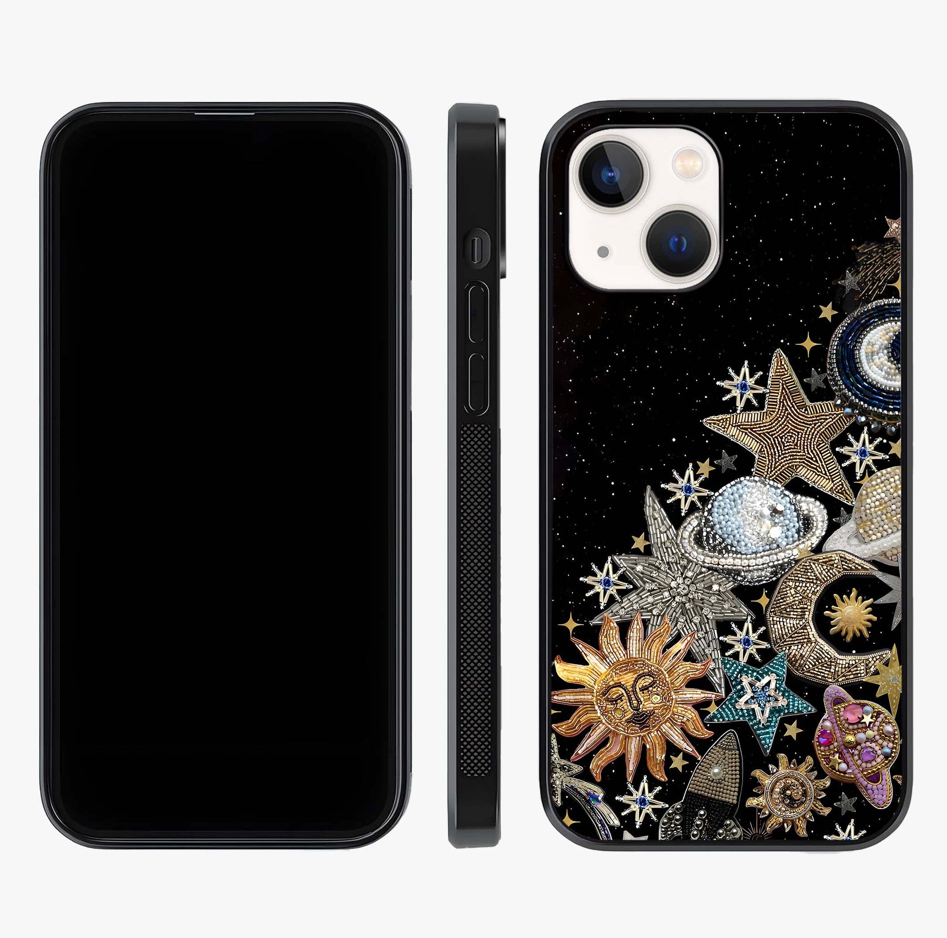 Cosmic Sparkle Dreams Glass Case displayed upright for full design visibility and premium finish.