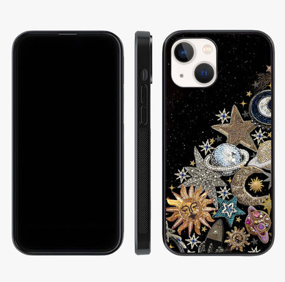 Cosmic Sparkle Dreams Glass Case displayed upright for full design visibility and premium finish.