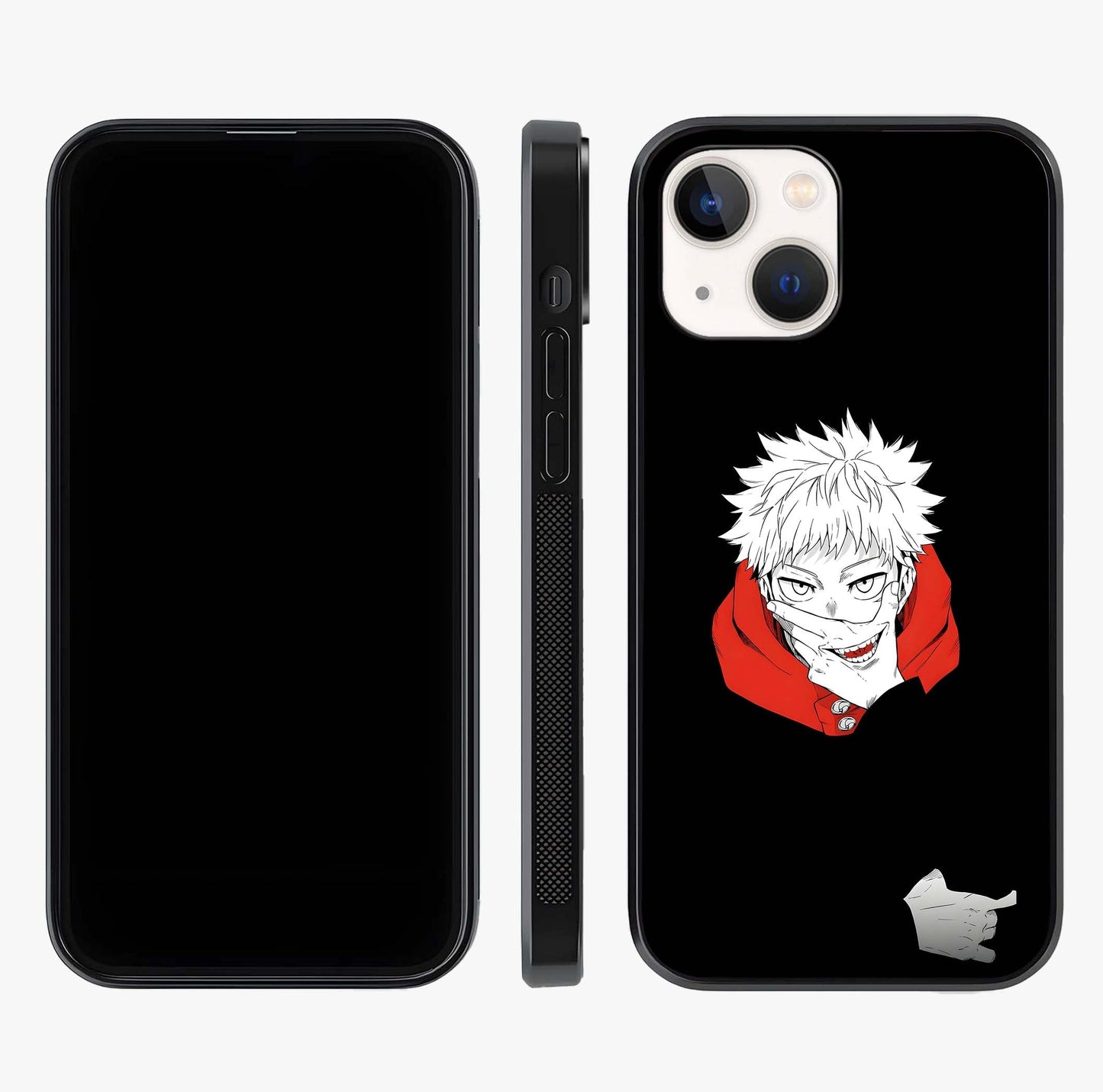 Crimson Chaos Smile Glass Case displayed upright for full design visibility and premium finish.