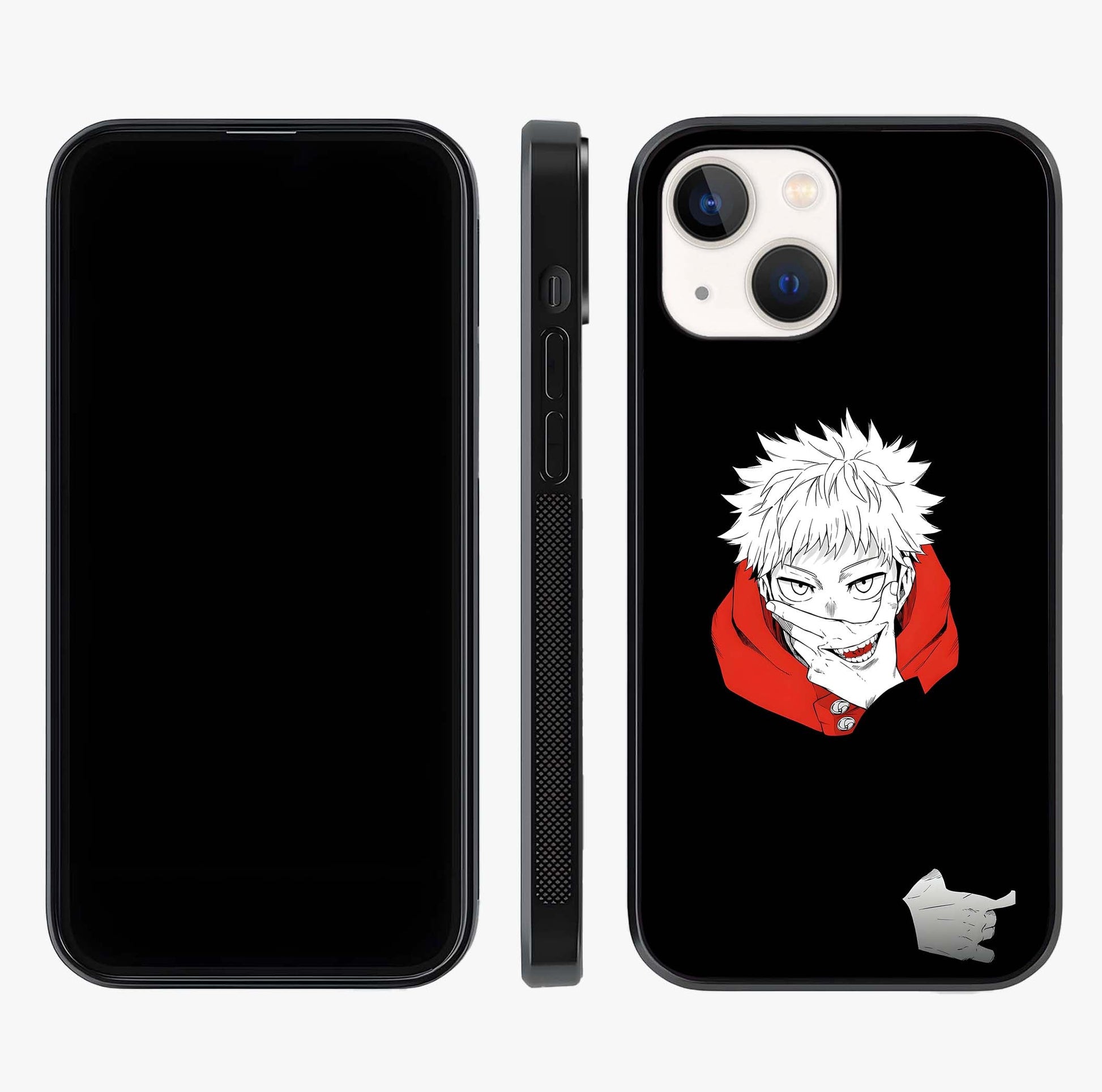 Crimson Chaos Smile Glass Case displayed upright for full design visibility and premium finish.